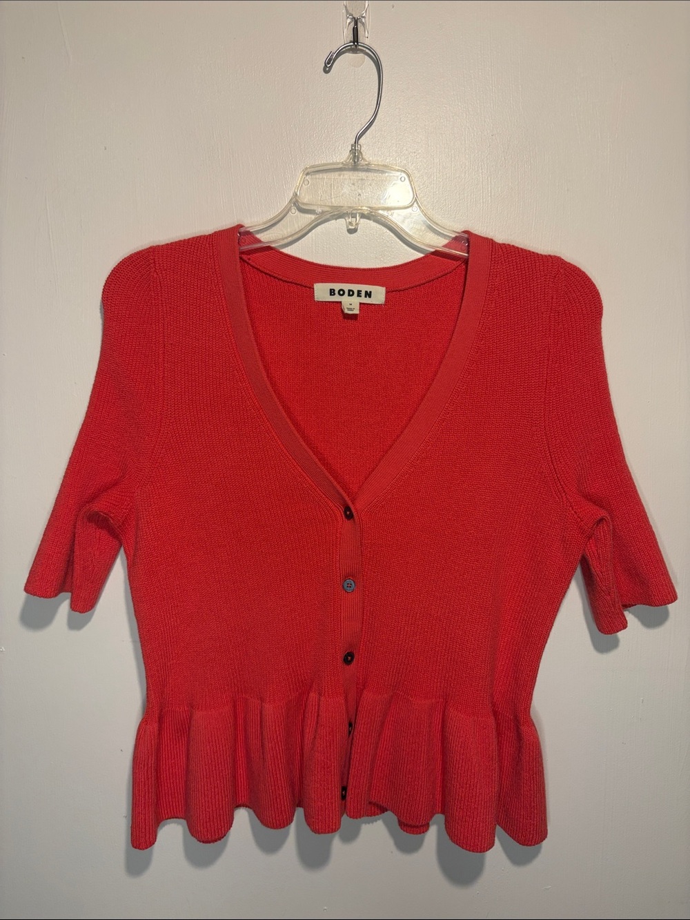 Boden Peplum Ruffle Hem Coral Cropped Cardigan Sweater Textured SZ M